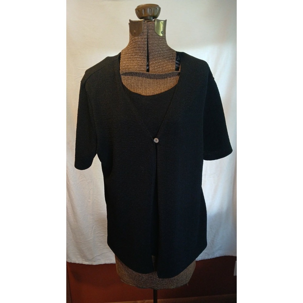 Sag Harbor Womens Black Metallic Textured Knit 2 Piece Cardigan Sweater Set L